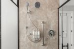 Large walk-in glass shower with ADA pull bar